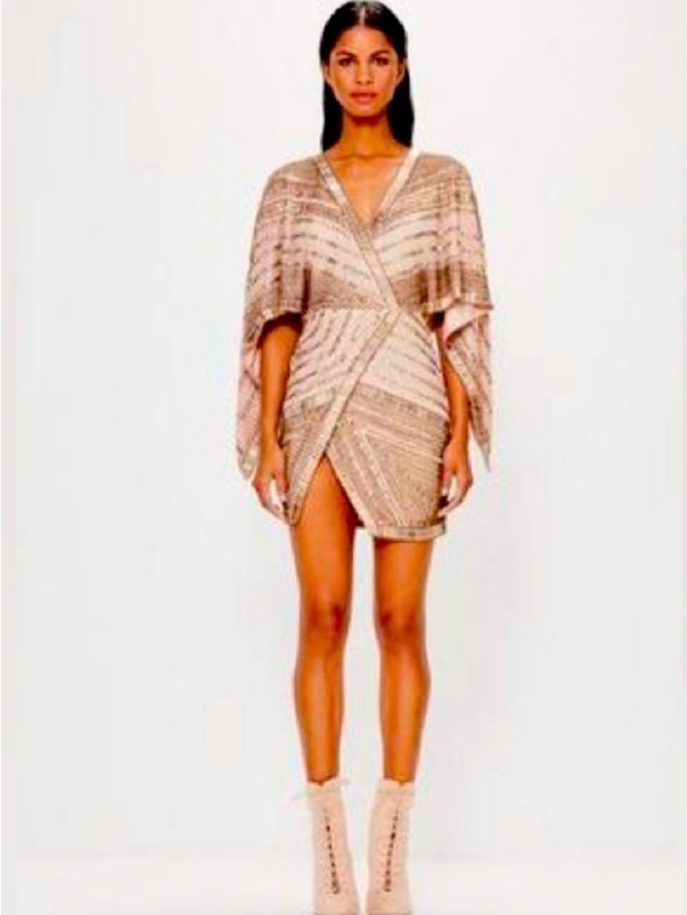 Missguided Embellished Kimono Gold Sequin Cape Sleeve Mini Dress - Picture 3 of 8